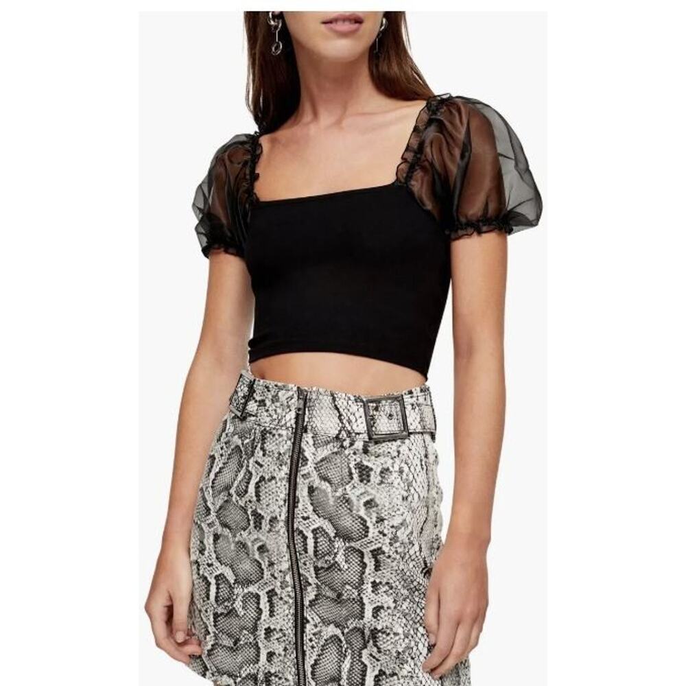 Topshop Women's Organza Puff Sleeve Cropped Ponte Top in Black‎ Size 8 MSRP $79